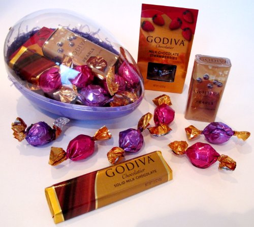 Purple Plastic Easter Gift Egg Basket Filled With Godiva Premium Assorted Chocolates logo