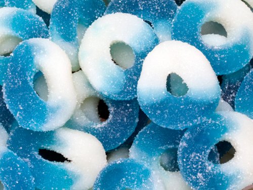 Raspberry Blue & White Gummi Gummy Rings Candy 1 Pound Bag logo