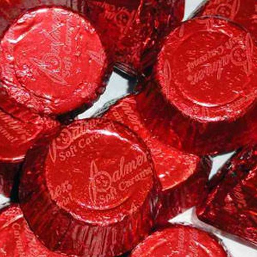 Red Foiled Caramel Filled Chocolate Cups 5lb Bag logo