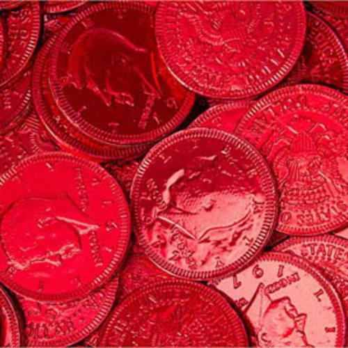 Red Foiled Milk Chocolate Coins 1lb Bag logo