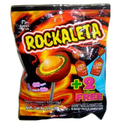 Rockaleta Gum Center Lollipop and Soft Candy 4 Chili Layers Net Wt 3oz logo