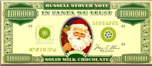 Russell Stover Note Solid Milk Chocolate Bar $1,000,000 In Santa We Trust. Santa Claus Chocolate Bar logo