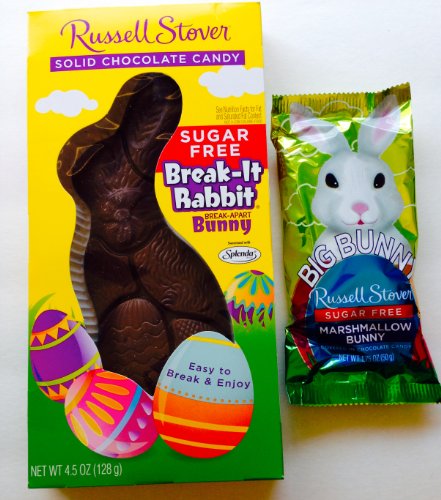 Russell Stover Sugar Free Easter Bundle – Solid Chocolate Candy 4.5oz Break Apart Buny and 1.75oz Marshmallow ‘big Bunny’ logo