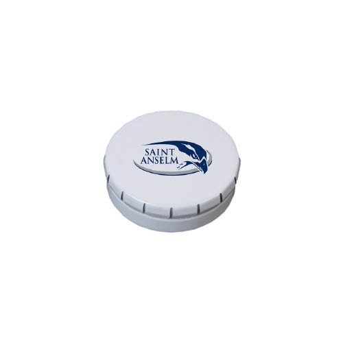 Saint Anselm White Round Peppermint Clicker Tin ‘saint Anselm W/hawk’ logo