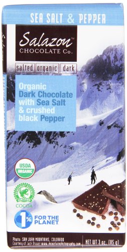 Salazon Chocolate Organic Dark Chocolate With Sea Salt and Organic Cracked Black Pepper, 3 Ounce (Pack of 12) logo