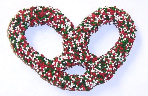 Scott’s Cakes 1 Lb. Milk Chocolate Covered Pretzels With Christmas Colored Non-pareils In A Decorative Tray With Krinkle Paper logo