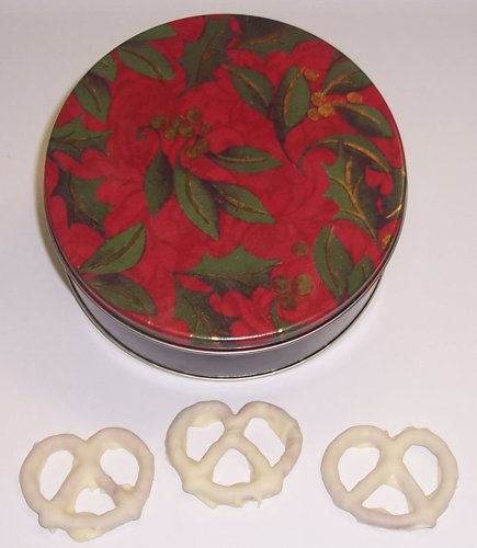 Scott’s Cakes 1 Lb. White Chocolate Covered Pretzel In A Holly Tin logo