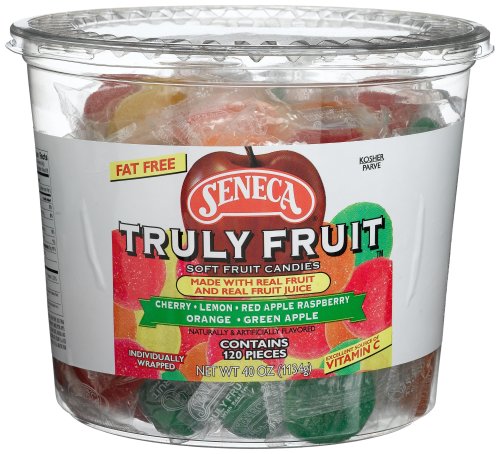 Seneca Truly Fruit, Assorted Flavors, Soft Jell Candy Gems, 120 Count, 40 ounce Tub (Pack of 2) logo