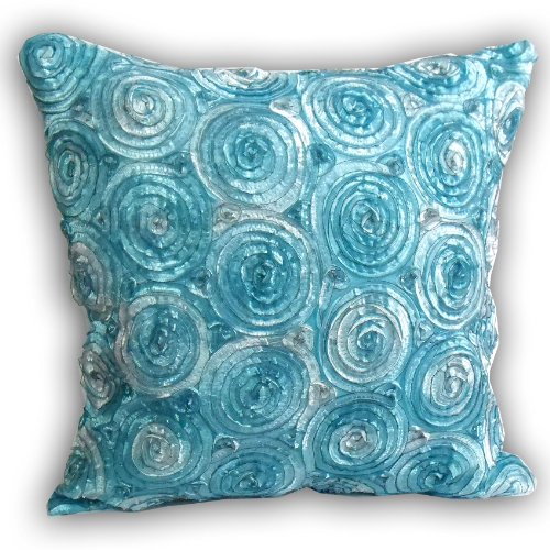 (single) Two Tone 3d Bouquet Of Blue Roses Throw Cushion Cover/pillow Sham Handmade By Satin and Thai Silk For Decorative Sofa, Car and Living Room Size 16 X 16 Inches logo