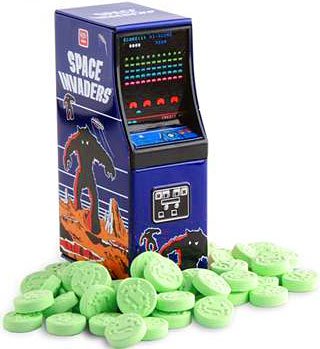 Space Invaders Sour Apple Alien Candy Arcade Cabinet Tin logo