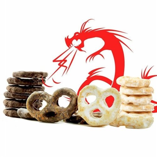 Sriracha Dusted Milk and White Chocolate Mini Pretzels 8 Ounces Package logo