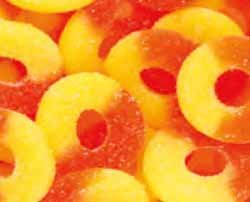 Strawberry & Banana Red & Yellow Gummi Gummy Rings Candy 1 Pound Bag logo