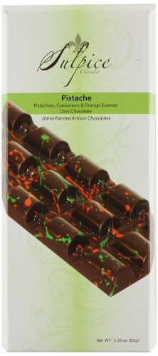 Sulpice Chocolat Pistache Hand Painted Dark Chocolate Bar With Pistachios, Cardamom and Orange Essence, 3.25 Ounce logo