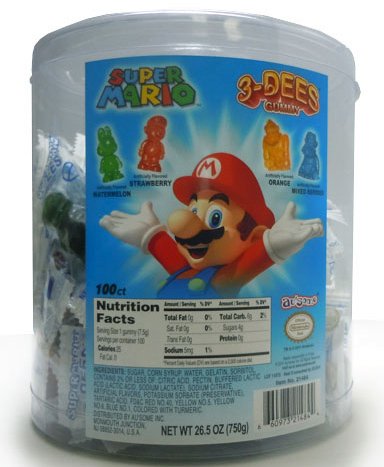 Super Mario 3 Dees Gummies Gummy Candy 100 Count Tub logo