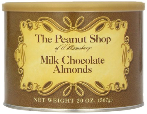 The Peanut Shop Of Williamsburg Chocolate Covered Almonds, 20 ounce Tin logo