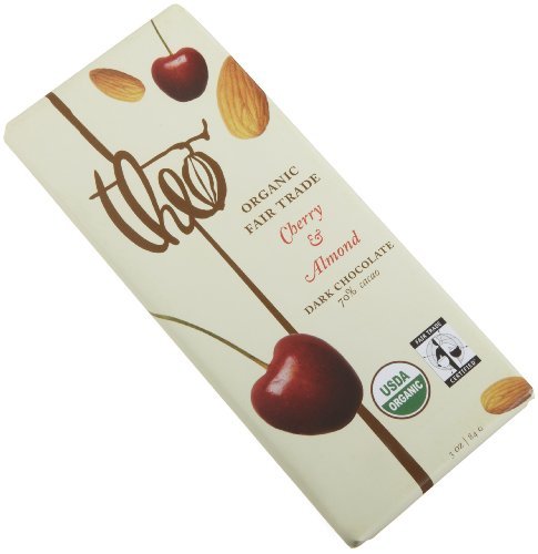 Theo Chocolate – Classic Collection Organic Dark Chocolate 70% Cacao Cherry & Almond – 3 Oz. logo