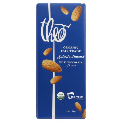 Theo Chocolate Organic Salted Almond 45 Percentage Milk Chocolate Bar, 3 Ounce — 12 Per Case. logo