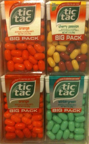 Tic Tac Big Pack. 12ct 1oz Units. 6 Orange Flavor, 3 Passion Fruit Flavor, 3 Wintergreen Flavor. logo