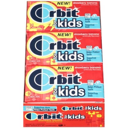 Tj10 Orbit For Kids Strawberry Banana Artificial Flavored Sugarfree Chewing Gum – 12×14 Piece Packages (168 Pieces Total) logo