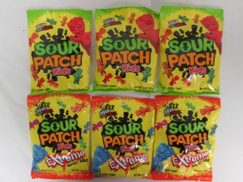 Tj6 Sour Patch Variety Pack of 3 Bags Of 5 Oz Kids and 3 Bags Of 4 Oz Kids Extreme Sour Soft and Chewy Candy logo