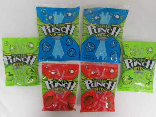 Tj6 Sour Punch Variety Pack of 2 Bags 5 Oz Bites Apple, 2 Bags 5 Oz Bites Strawberry, 2 Bags 4.5 Oz Straws Blue Raspberry logo