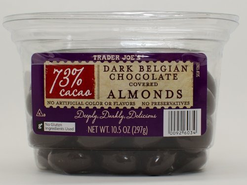 Trader Joe’s 73% Cocao Dark Belgian Chocolate Covered Almonds logo