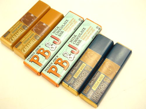 Trader Joe’s Assorted Chocolate Bars 2 X Milk Chocolate Filled With Caramel, 2 X Dark Chocolate Filled With Speculoos Cookie Spread and 2 X Pb & J Chocolate Bars – Set Of 6 logo