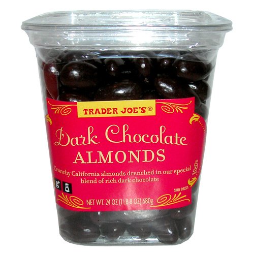 Trader Joe’s Dark Chocolate Almonds Crunchy California Almonds Drenched In Rich Dark Chocolate No Gluten Ingedients Used Low Sodium logo