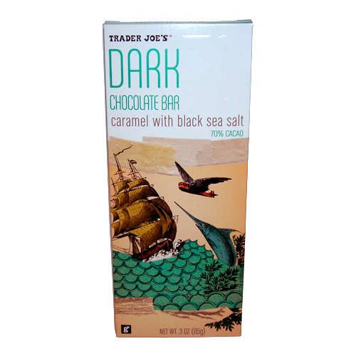 Trader Joe’s Dark Chocolate Bar With Caramel and Black Sea Salt 70 % Cacao 3 Oz / 85 G No Gluten Ingredients Used logo