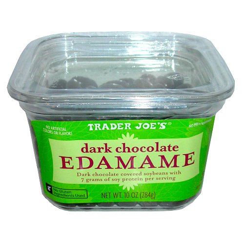 Trader Joe’s Dark Chocolate Edamame Dark Chocolate Covered Soybeans With 7 Grams Of Soy Protein Per Serving No Gluten Ingredients Used 10 Oz / 284 G About 7 Servings logo