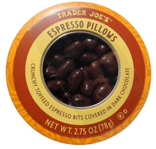 Trader Joe’s Espresso Pillows Crunchy Toffeed Espresso Bits Covered In Dark Chocolate logo