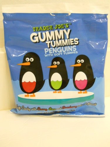Trader Joe’s Gummy Tummies Penguins With Soft Tummies Soft Candy With Cherry,lime and Strawberry Natural Flavors Fat Free Made In France Simply Delicious !!! logo