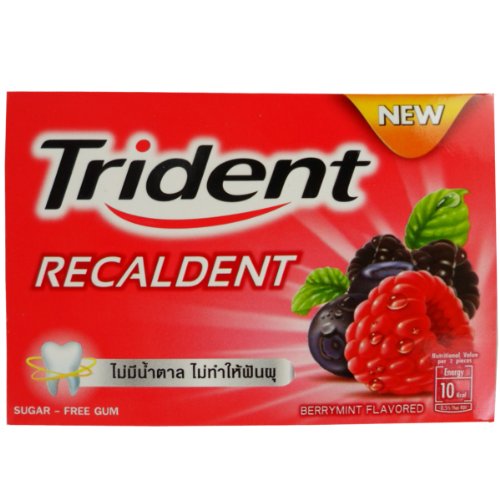 Trident Recaldent Chewing Gum Berrymint Flavored Sugar Free Dental Health Net Wt 12.6 G (9 Pellets) X 10 Boxes logo