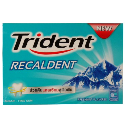 Trident Recaldent Chewing Gum Freshmint Flavored Sugar Free Dental Health Net Wt 12.6 G (9 Pellets) X 10 Boxes logo