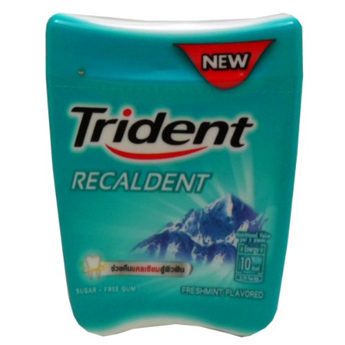 Trident Recaldent Chewing Gum Freshmint Flavored Sugar Free Dental Health Net Wt 47.6 G (34 Pellets) X 3 Bottles logo