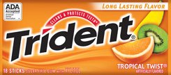 Trident Sugarless Gum With Xylitol,tropical Twist Flavor, 12/18 Stick Packs -(216 Sticks Per Box!) logo