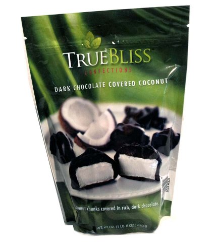 True Bliss Confections Dark Chocolate Covered Coconut 1 Lb. 8 Oz. Resealable Bag logo