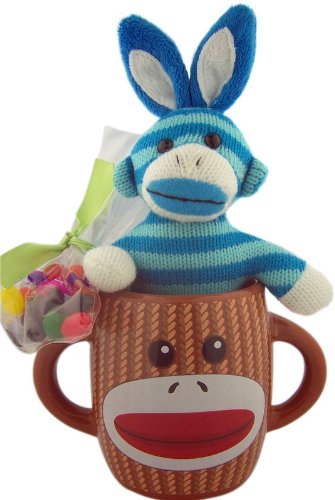 Unique Easter Gift For Him Or Her Blue Stripe Plush Sock Monkey With Bunny Ears and Jelly Beans In Brown Ceramic Hot Or Cold Drink Mug logo