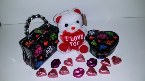 Valentine Heart, Alternative, Valentines Day Gift, Heart Shaped Tin With Assorted Hearts & Lips Milk Chocolate, Tin Purse With Soft White Plush Teddy In A Bright Skull & Crossbone, Monster High With Red Hearts, For The Special Little Girl In Your Life logo