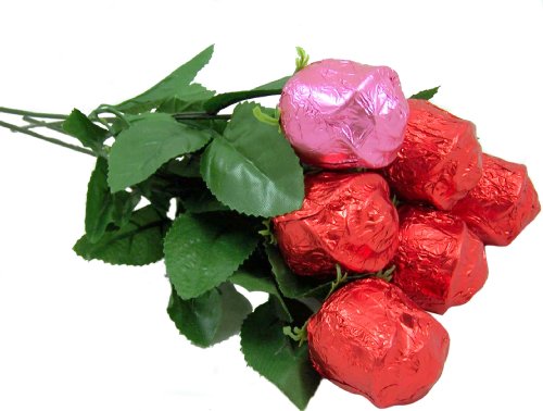 Valentines Day Gift For The Candy Lover – Half Dozen (6) Long Stem Hollow Chocolate Red Pink Foil Rose Bouquet logo