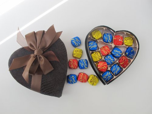 Valentine’s Day Heart Alternative Gift Small Formal Brown Leather Heart Filled With A Delicious Assortment Dove Chocolates logo