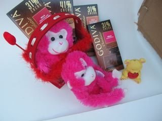 Valentine’s Day Heart Alternative Love You Fluffy Fabric Gift Bag With 2 Assorted 3.5 Oz Godiva Bars With A Tan Ceramic Teddy With A Red Rose and Pink Monkey logo