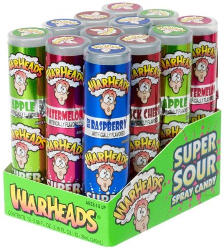 Warheads Super Sour Spray Candy Watermelon Cherry Green Apple Blue Raspberry Variety Pack 0.68 Ounce Bottles (Pack of 12) logo