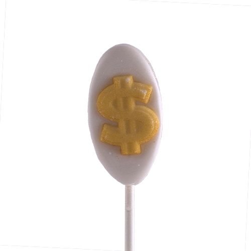 White Oval With Gold Dollar Sign Lollipop logo