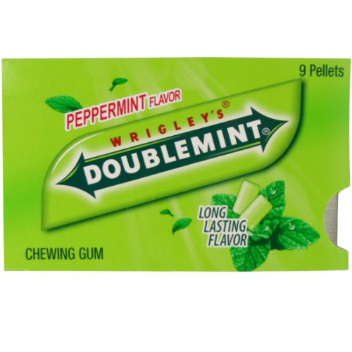 Wrigley’s Doublemint Chewing Gum Peppermint Flavor Long Lasting Net Wt 13 G (9 Pellets) X 5 Boxes logo