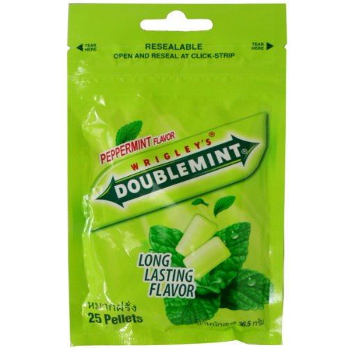 Wrigley’s Doublemint Chewing Gum Peppermint Flavor Long Lasting Net Wt 36.5 G (25 Pellets) X 3 Bags logo