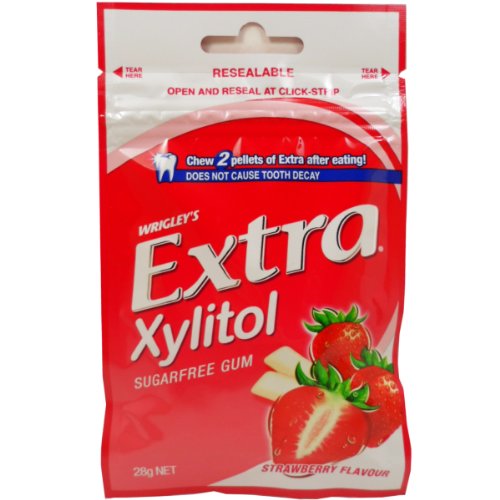 Wrigley’s Extra Xylitol Chewing Gum Strawberry Flavor Sugarfree Net Wt 28 G (20 Pellets) X 3 Bags logo