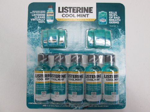 Listerine Cool Mint Combo Packs Of Antiseptic / Pocketpaks Kill 999.99% Bad Breath Germs – 5 Bottles Antiseptic 3.2 Oz and 6 Pocketpaks Of 24 Breath Strips Each – Cos10 logo