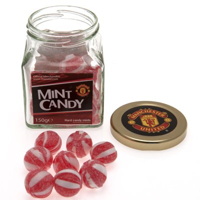 Manchester United F.C. Jar Of Mint Candy + Badge logo